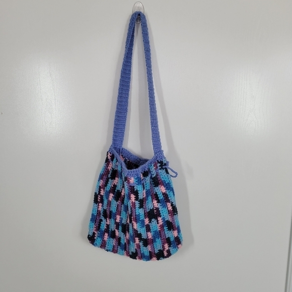 Knit Crochet Shoulder Bag Boho Artisan Hand Made Purse Satchel Purple Drawstring - Picture 3 of 14
